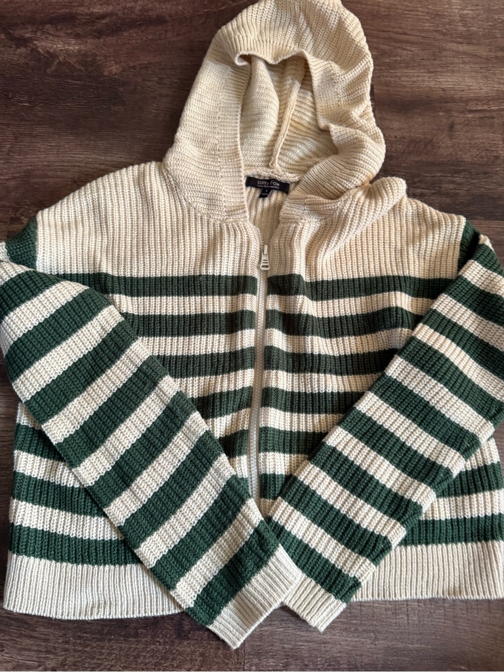 Cream and Forest Green Striped Hooded Zip Sweater